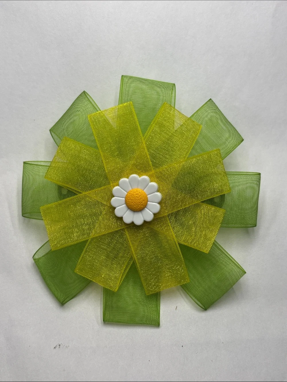 Green and Yellow Daisy Ribbon Hair Bow with White Center